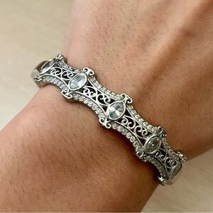 Silver Crystal Bracelet • Elegant Scrollwork • Sparkling Statement Piece